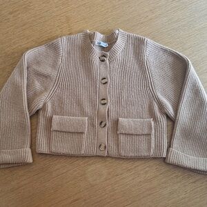 Zara Neutral Ribbed Button-Front Cardigan in Light Beige